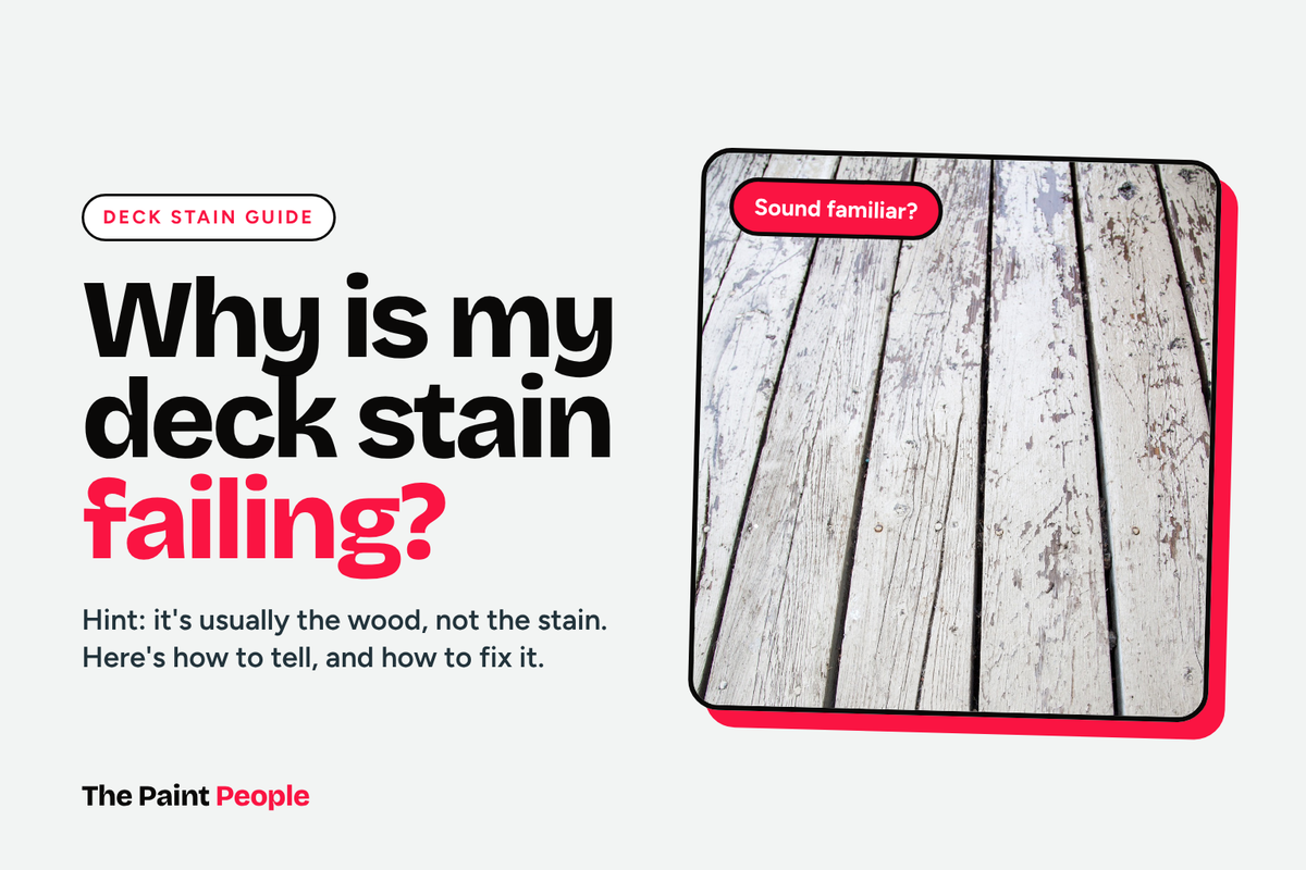 Why is my deck stain failing? Weathered deck boards with peeling, flaking stain.