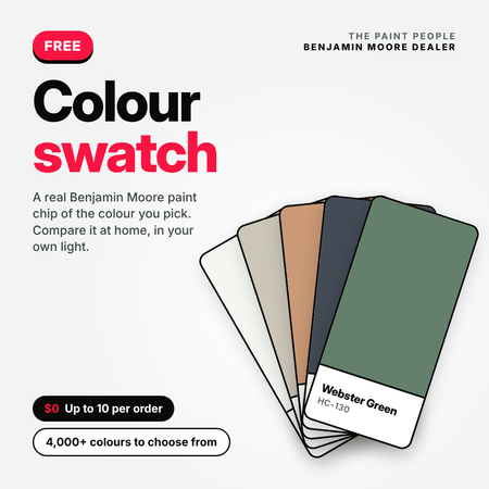 Free Benjamin Moore colour swatch: a fan of paint chips in Chantilly Lace, Revere Pewter, Italianate, Hale Navy and Webster Green