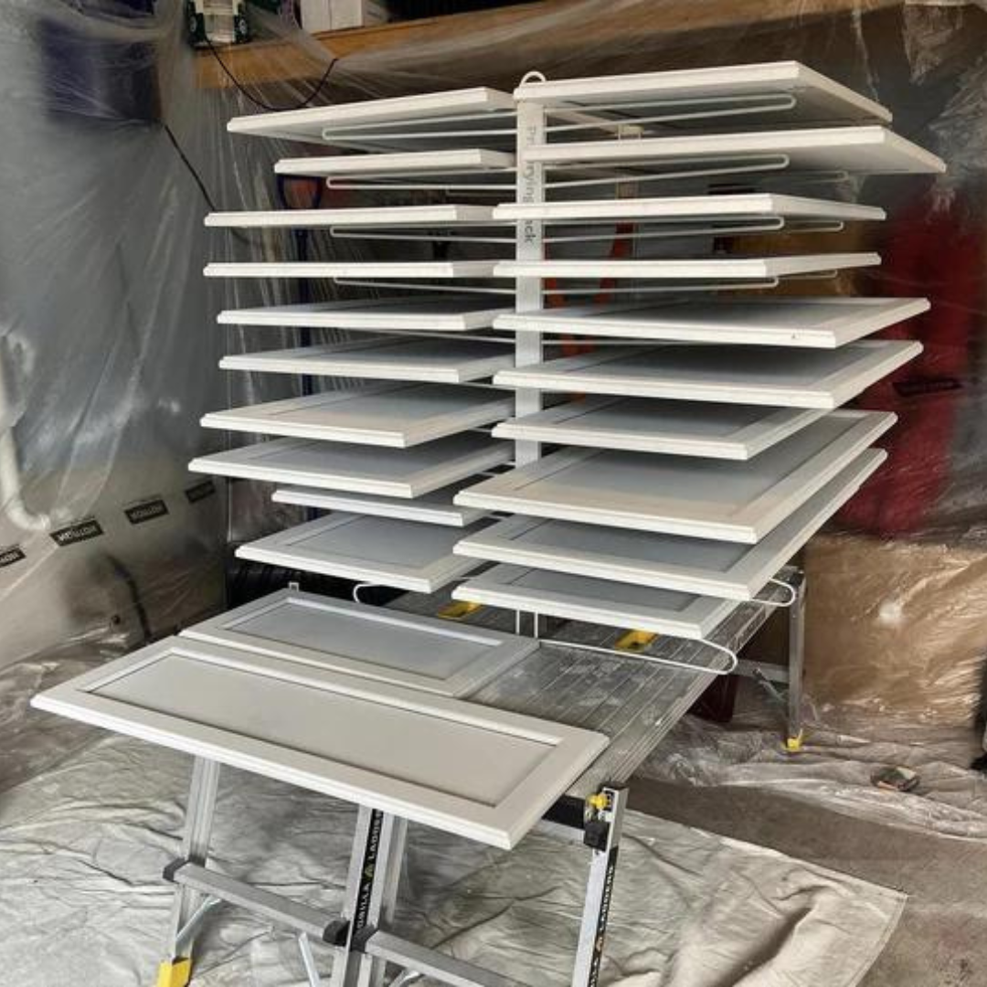 cabinet door drying on Paint Drying Rack