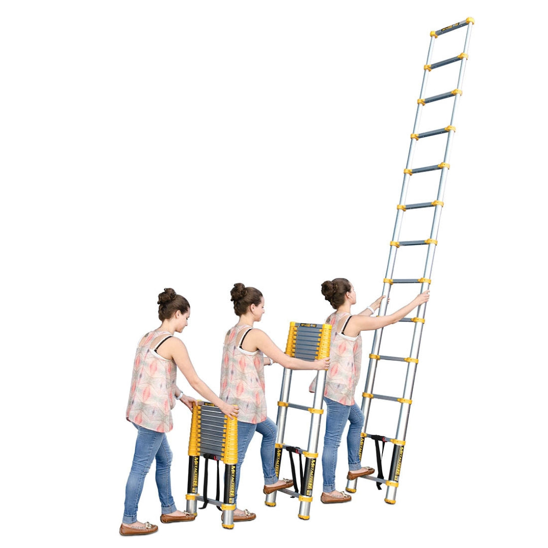 Step-by-step sequence showing a woman extending the Metaltech telescopic ladder outdoors