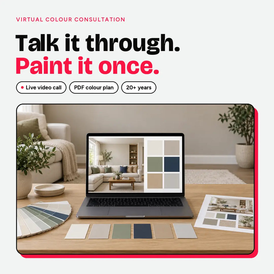 Virtual colour consultation: laptop on a video call with a colour palette, fan deck and printed colour plan