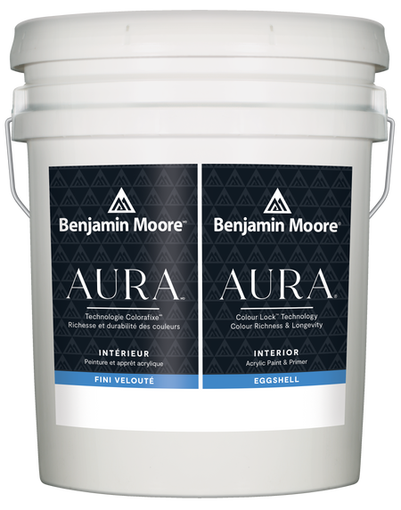 Benjamin Moore AURA® Eggshell finish paint bucket with branding visible